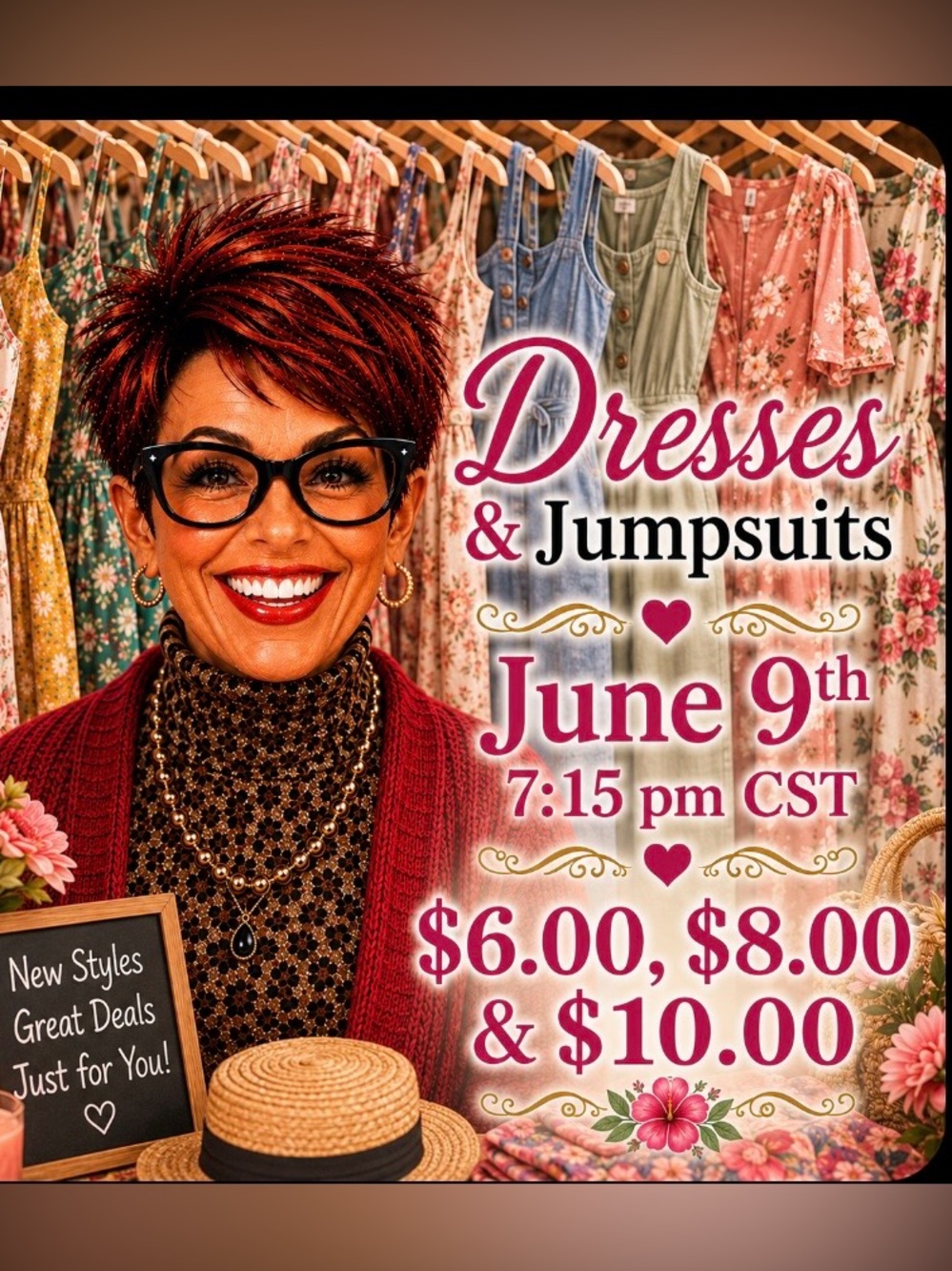 Live Show Tuesday June 9th 7:05 pm CST. All Summer Dresses and Jumpsuits.